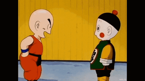 a couple of cartoon characters are standing next to each other .