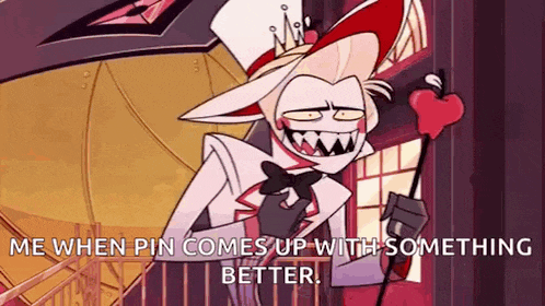a cartoon character is holding a heart and says `` me when pin comes up with something better '' .