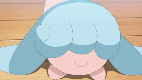 a pink and blue cartoon character with a surprised look on her face