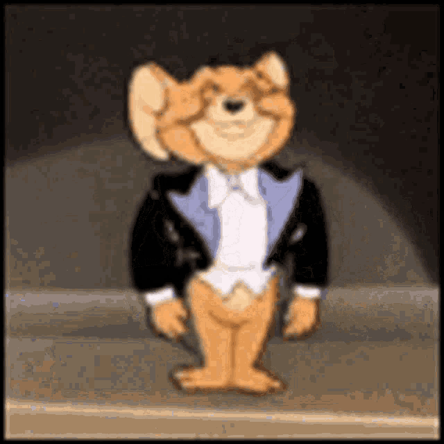 a cartoon mouse is wearing a tuxedo and covering his eyes