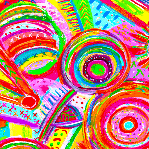 a brightly colored painting with circles and lines