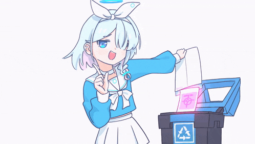 a cartoon girl is putting something in a trash can with a recycling symbol on it
