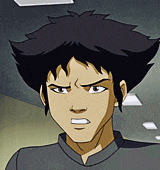 a close up of a cartoon character with a serious expression on his face