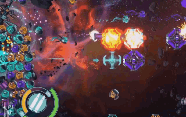 a screenshot of a video game with a purple and yellow explosion