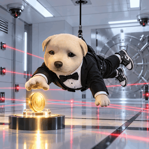 a stuffed dog in a tuxedo is flying through the air