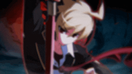 a close up of a cartoon character holding a sword in a dark room .