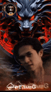 a man is standing in front of a lion 's head with the word teamb g on the bottom right