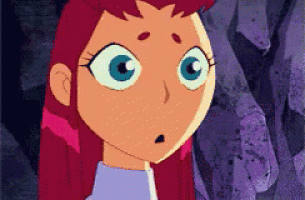 a close up of a cartoon character with red hair and blue eyes