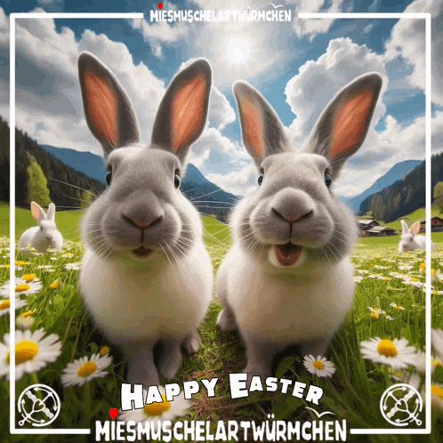 two rabbits in a field with the words happy easter written below them