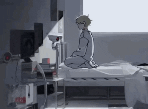 a drawing of a person sitting on a bed in a room