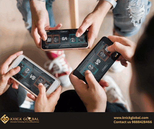 a group of people are playing a game on their cell phones with a knick global logo in the corner