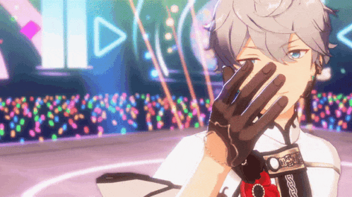 a anime character is covering his face with his hand