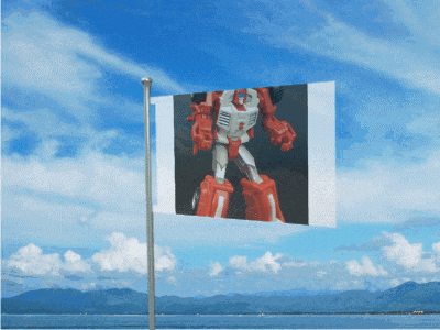 a flag with a picture of a toy robot on it
