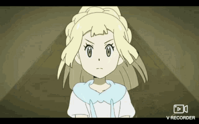 a cartoon girl with blonde hair and blue eyes is standing in front of a triangle .