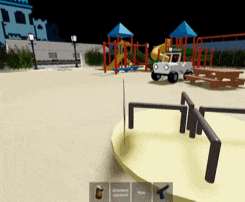 a video game shows a playground at night with a white truck in the background