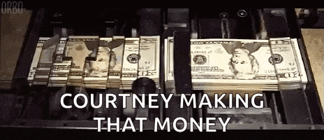 a machine is making stacks of money with the words courtney making that money written on it .