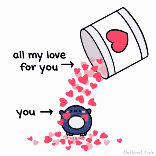 a penguin is surrounded by hearts with the words all my love for you below it