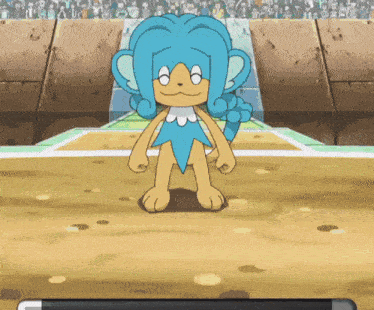 a cartoon character with blue hair stands on a field