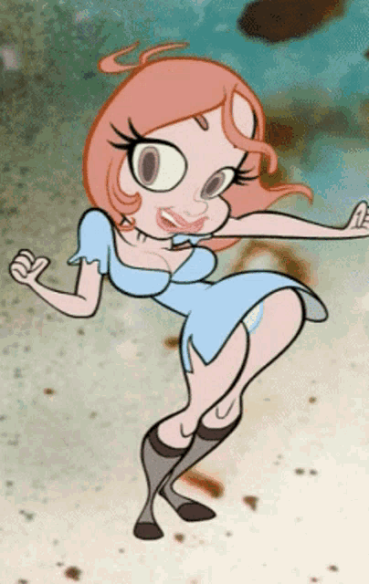 a cartoon drawing of a woman in a blue dress and socks