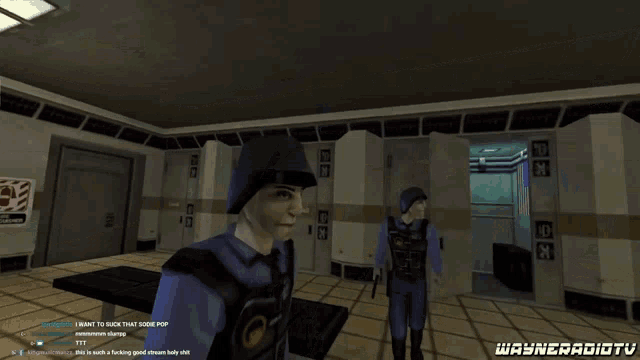 two police officers are standing in a room with the words nilice written on the screen