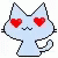 a pixel art illustration of a cat with red hearts in its eyes .