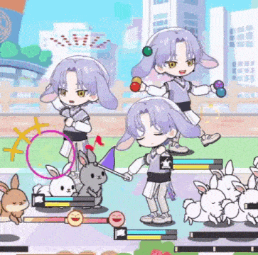 a group of cartoon characters are playing a game with rabbits