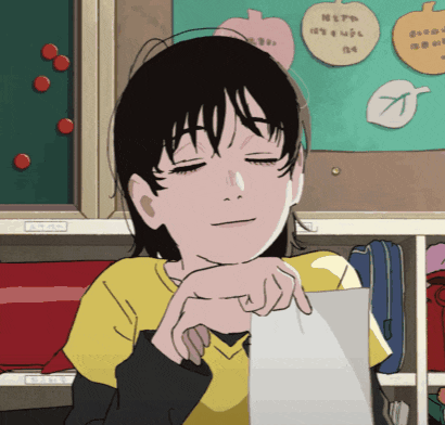 a cartoon drawing of a girl holding a piece of paper in front of a bulletin board with stickers on it