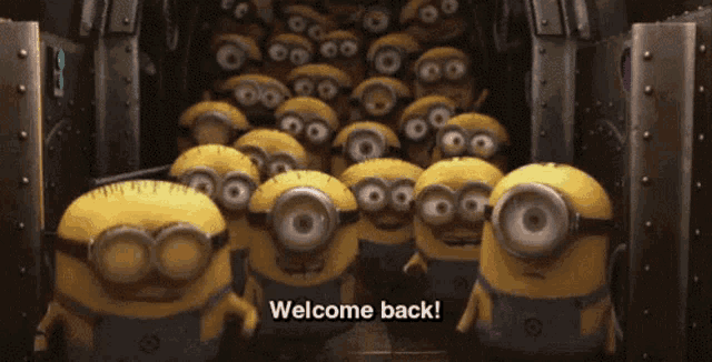 a bunch of minions are standing next to each other with the words welcome back written on the bottom