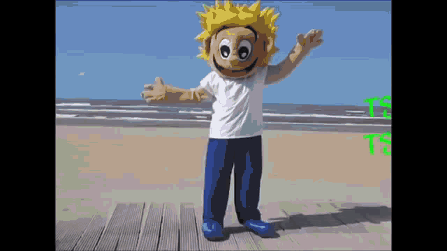 a mascot is standing on a boardwalk near the ocean