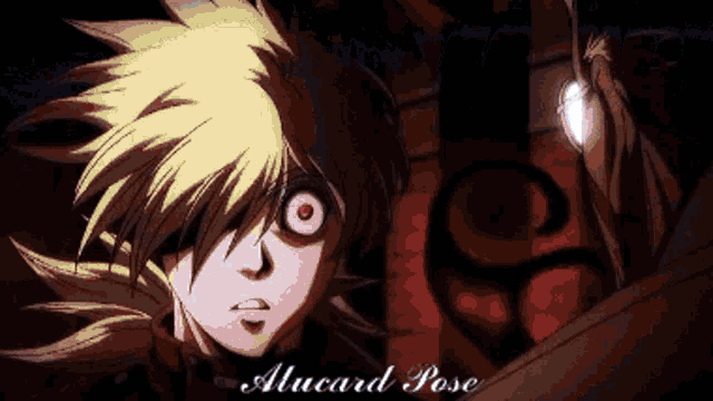 a man and a woman are looking at each other and the words alucard pose are on the bottom