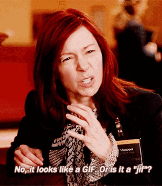 a woman with red hair says " no it looks like a gif or is it a " jif "