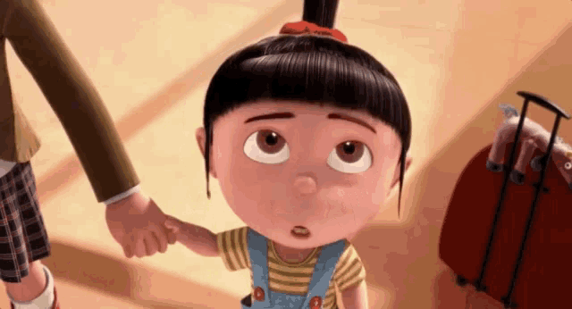 a little girl from despicable me is holding the hand of a man