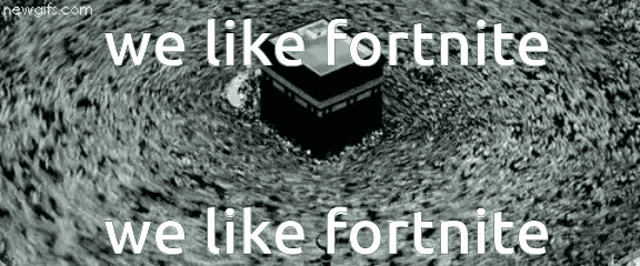 a black and white photo of the kaaba with the words we like fortnite