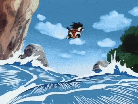 a cartoon drawing of a person flying over a body of water