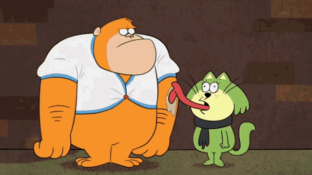 a cartoon monkey and a cat are standing next to each other with the cat sticking its tongue out