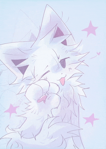 a drawing of a white furry animal with pink stars behind it
