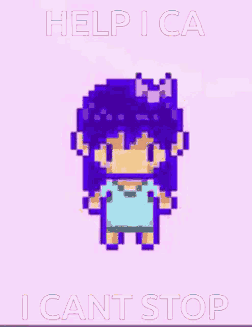 a pixel art of a girl with purple hair and a bow on her head is asking for help .
