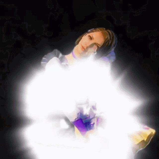 a woman in a purple dress is surrounded by a white glowing cloud .
