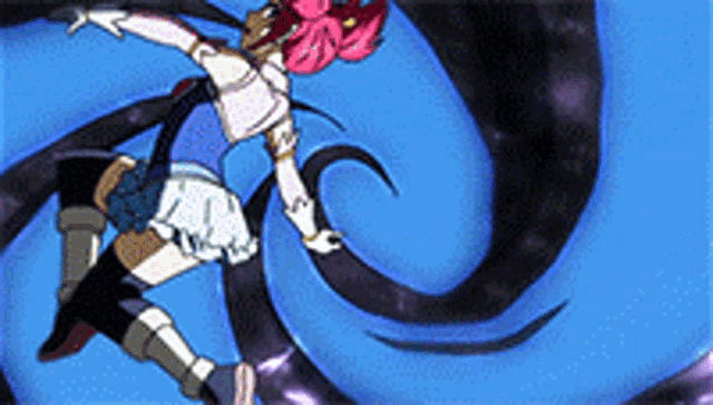 a girl with a pink flower in her hair is flying through the air