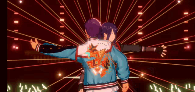 a couple of anime characters are standing next to each other with their arms outstretched