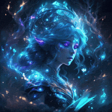 a painting of a girl with blue hair and purple eyes