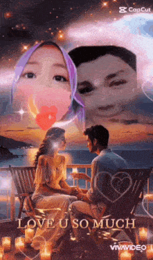 a man and a woman are sitting on a bench with candles in front of them and the words love u so much