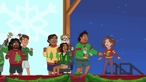 a group of people wearing ugly christmas sweaters stand on a stage
