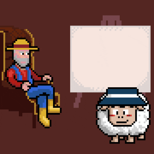 a pixel art drawing of a man sitting in a chair next to a painting