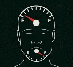 a drawing of a man 's head with a fuel gauge in the middle of it .