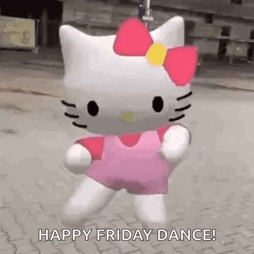 a hello kitty doll is dancing on the street and says happy friday dance .