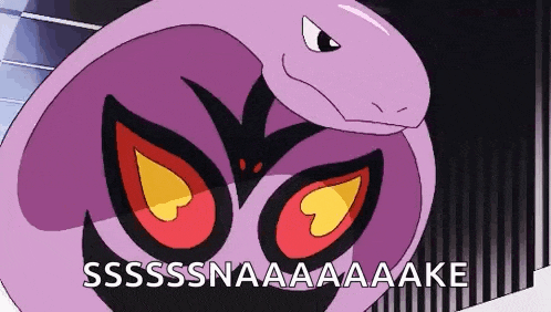 a purple snake with red eyes and the words sssssnaaaaaake written below it