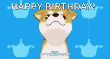 a shiba inu dog is smiling and says `` happy birthday '' on a blue background .