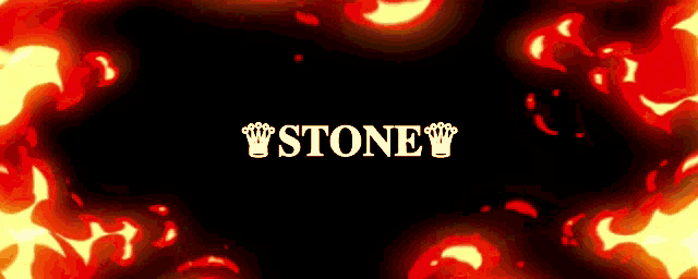 the word stoney is on a black background with flames around it