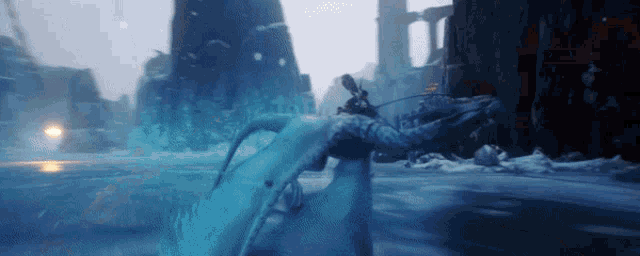 a person is riding on the back of a dragon in the water